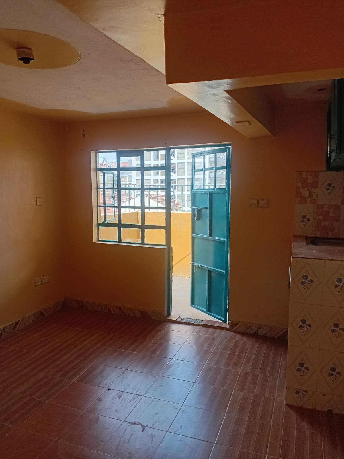 Open-plan kitchen-living area with terracotta walls and blue door