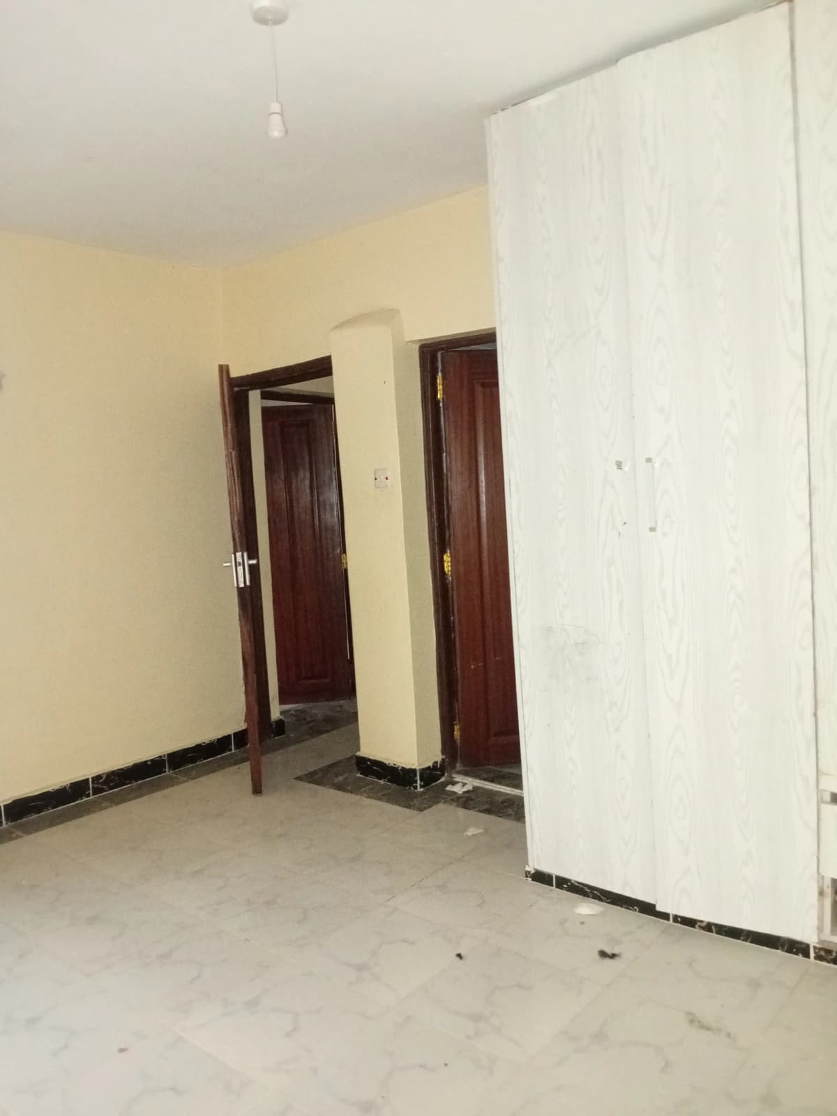 Hallway with cream walls and dark wooden doors