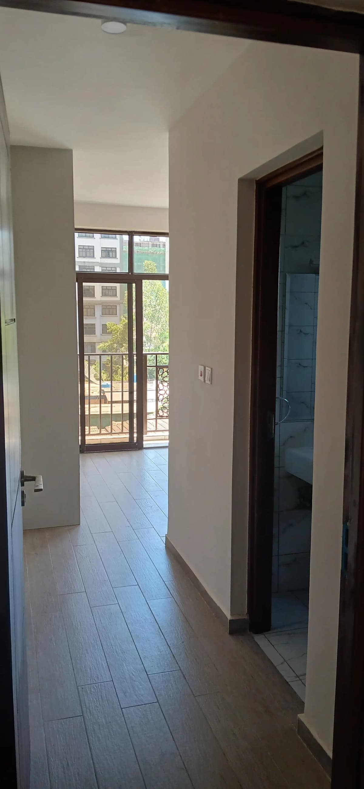 Bright corridor with balcony access and dark wooden doors