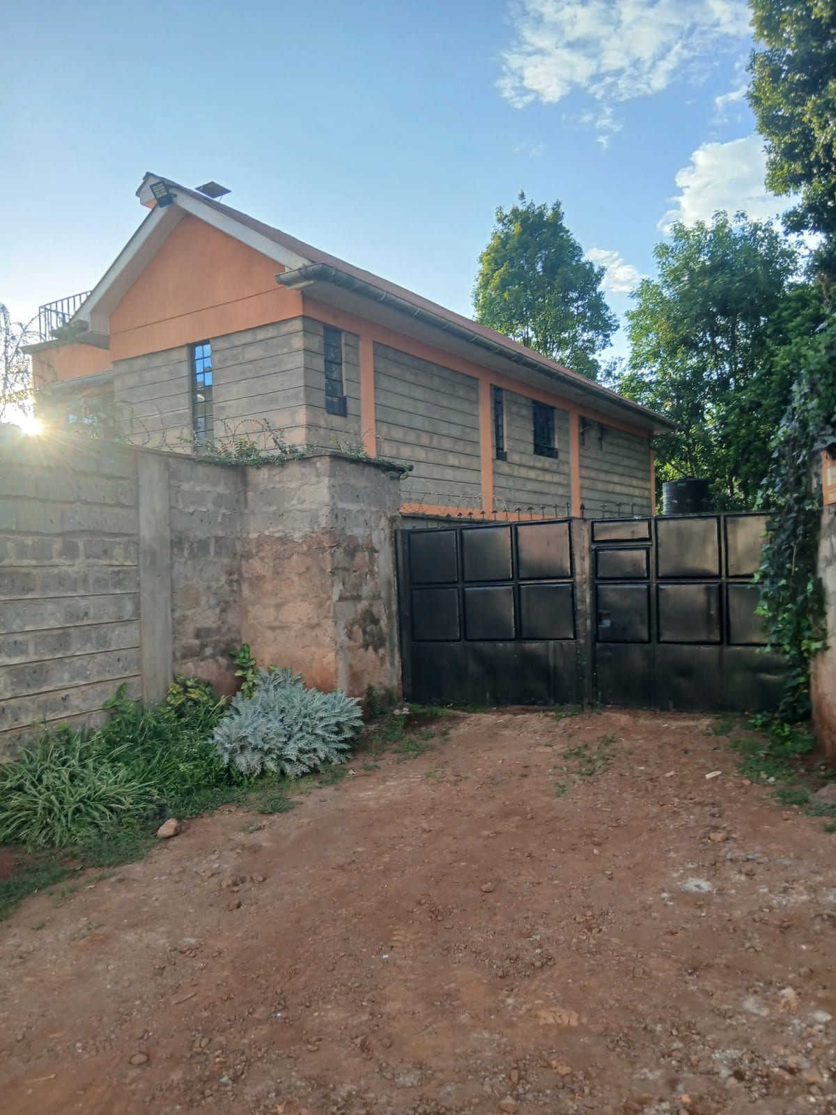 Single-story residential home with black metal gate entrance