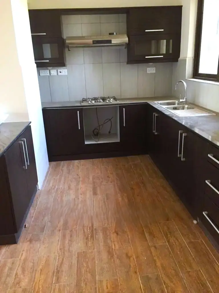 Modern kitchen with dark cabinets and wooden flooring