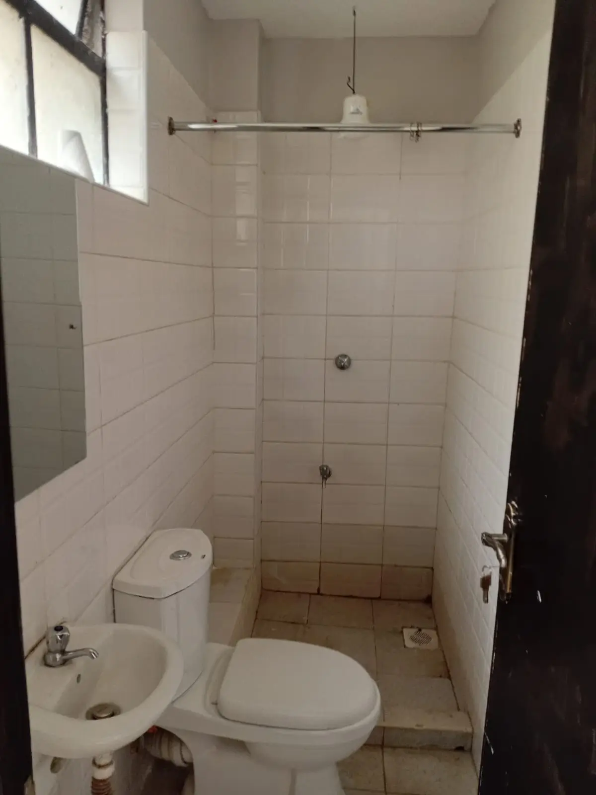 Compact bathroom with toilet, sink, and walk-in shower