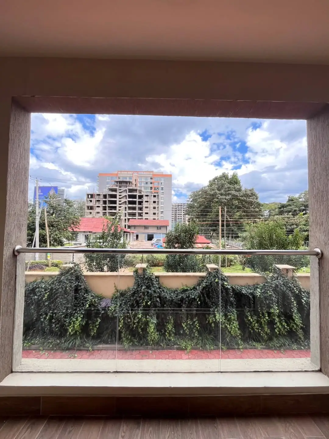 Cityscape view from balcony with hanging plants and railing