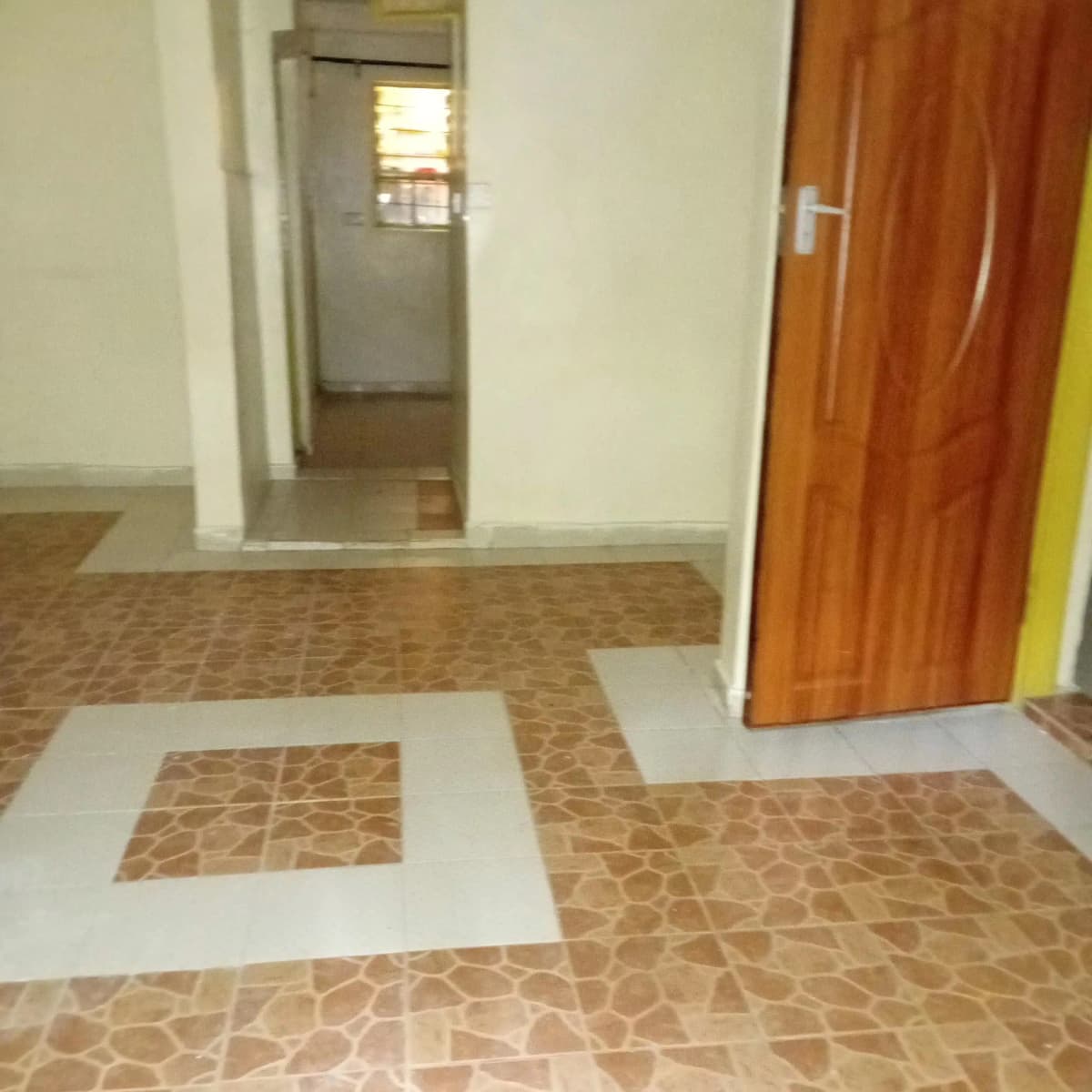 Entry corridor with terracotta tile flooring and wooden door