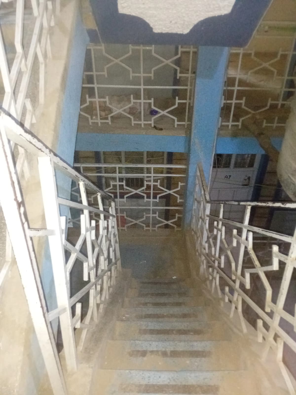Narrow corridor with white railings and geometric patterned walls