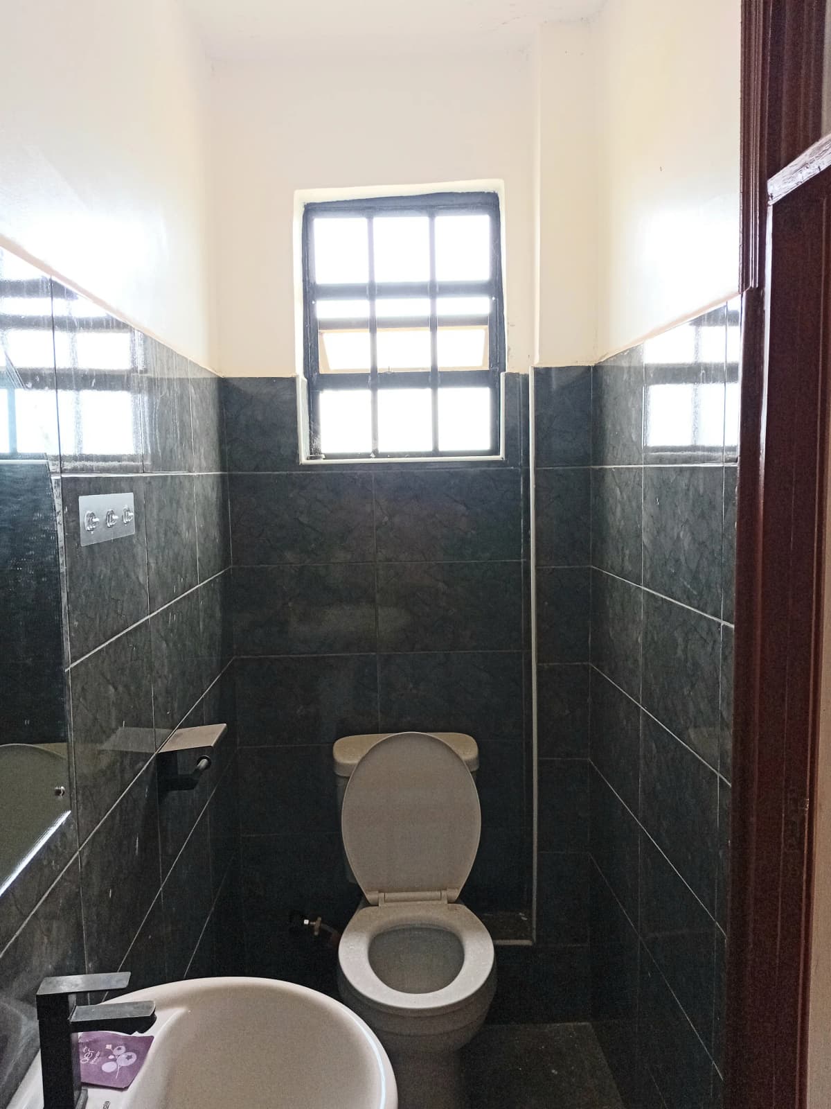 Compact bathroom with dark tile walls and natural light window