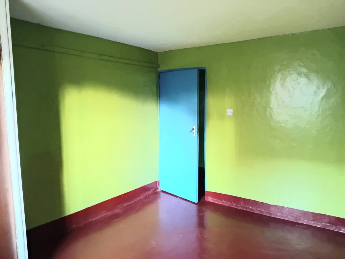 Empty bedroom with bright lime green walls and blue door