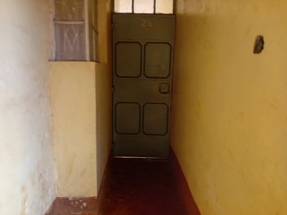 Narrow hallway with yellow walls and wooden door