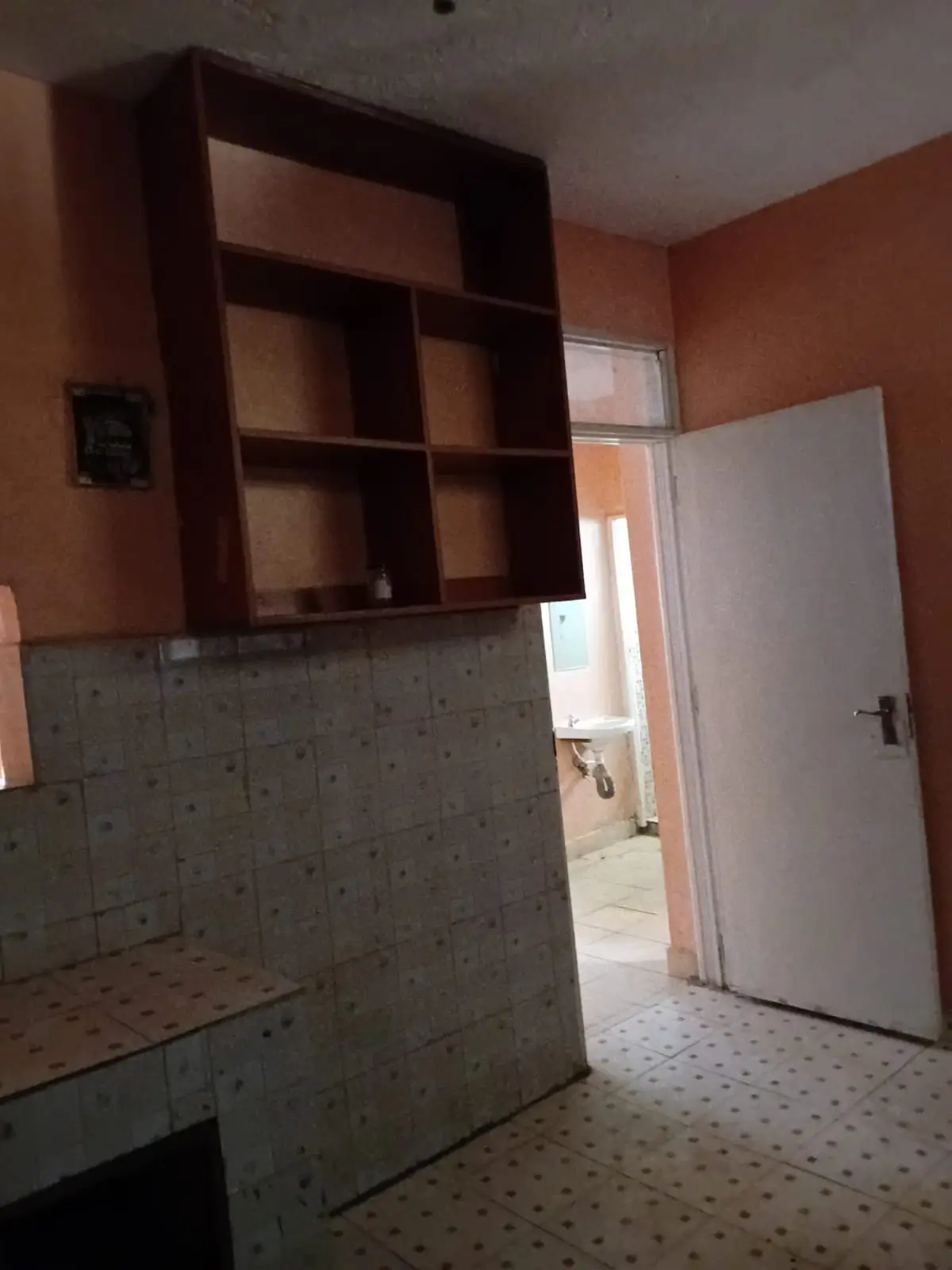 Kitchen with dark wood shelving and terracotta walls