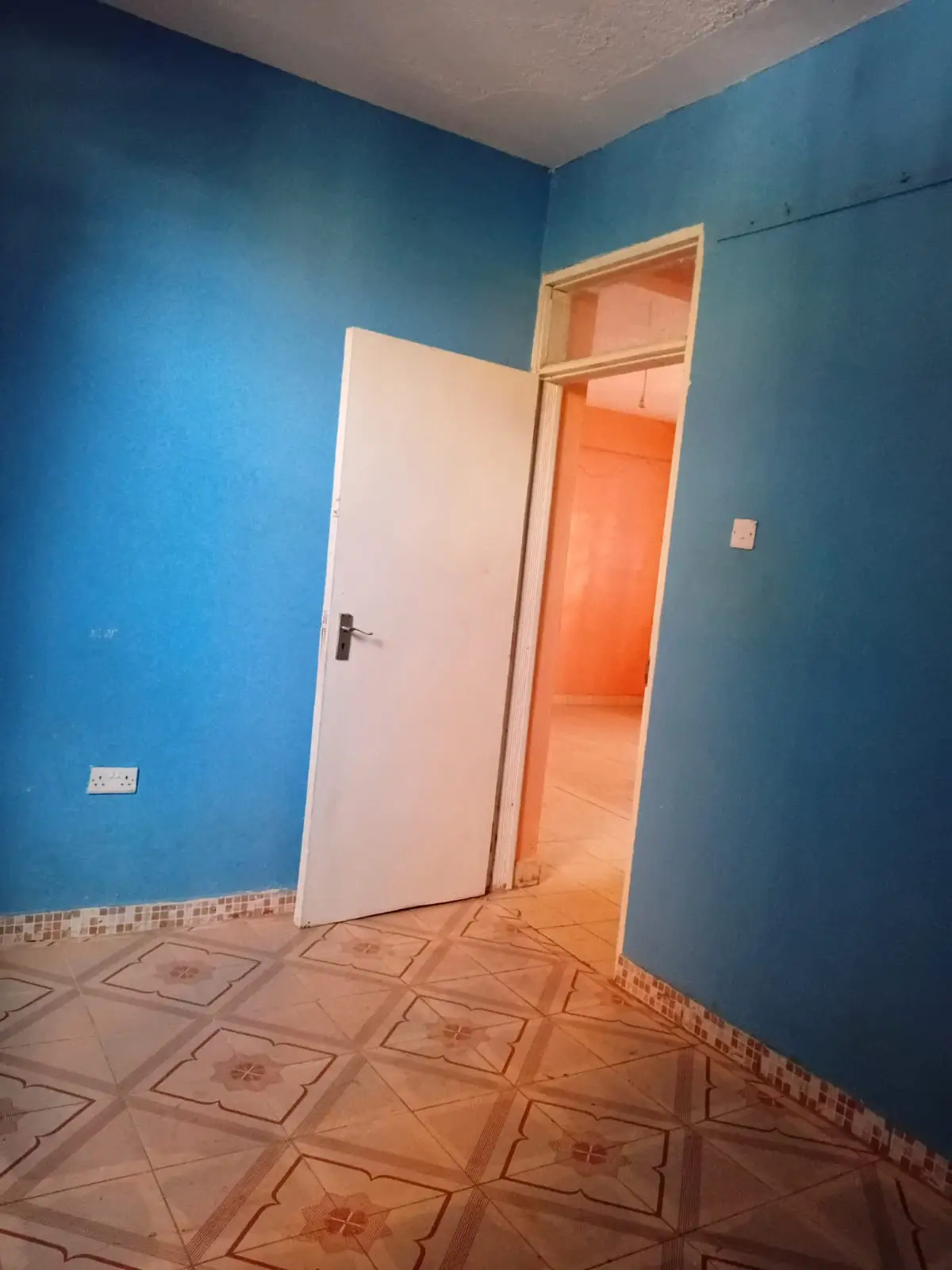 Unfurnished bedroom with blue walls and terracotta floor