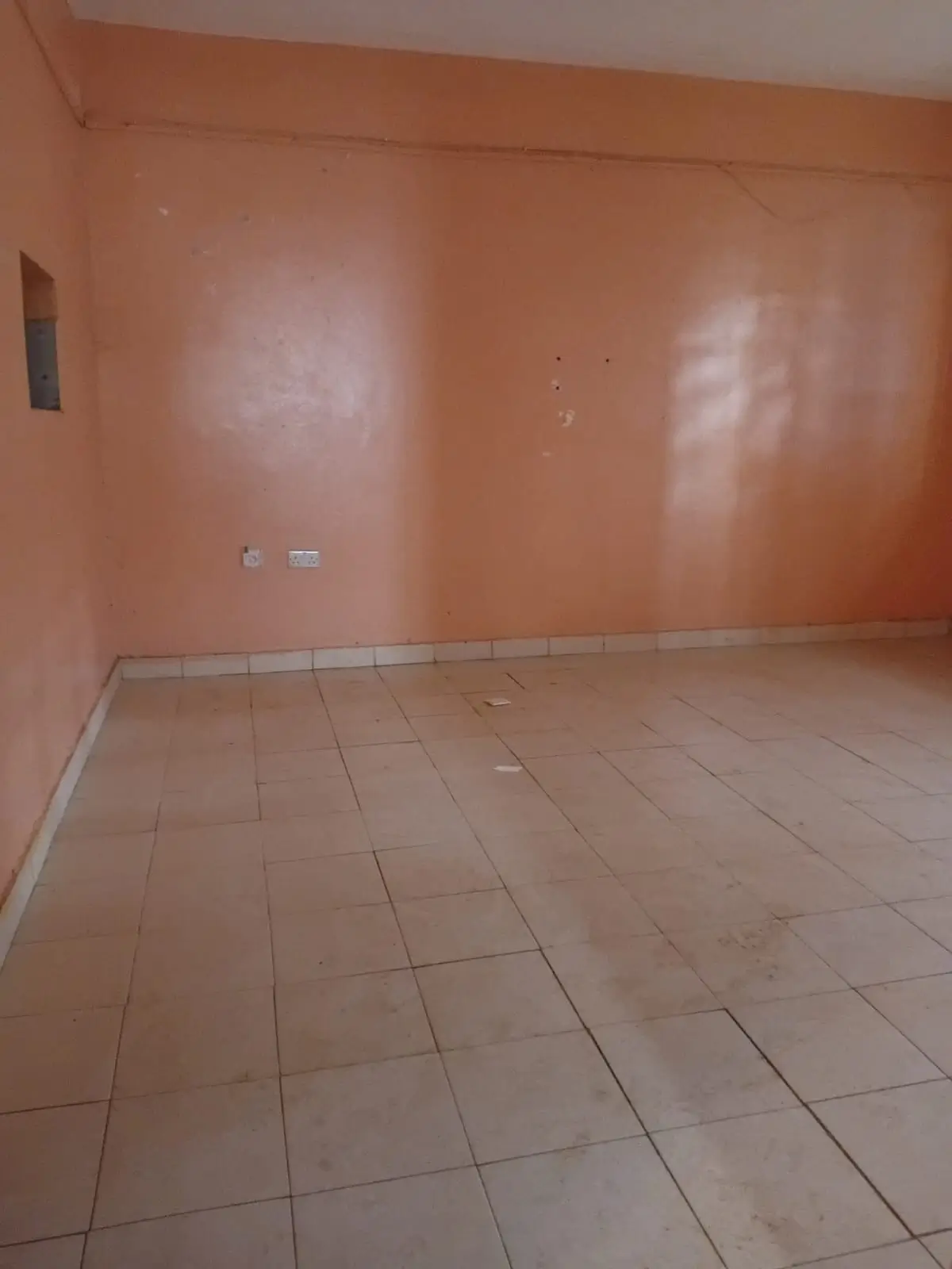 Empty room with terracotta walls and tiled flooring