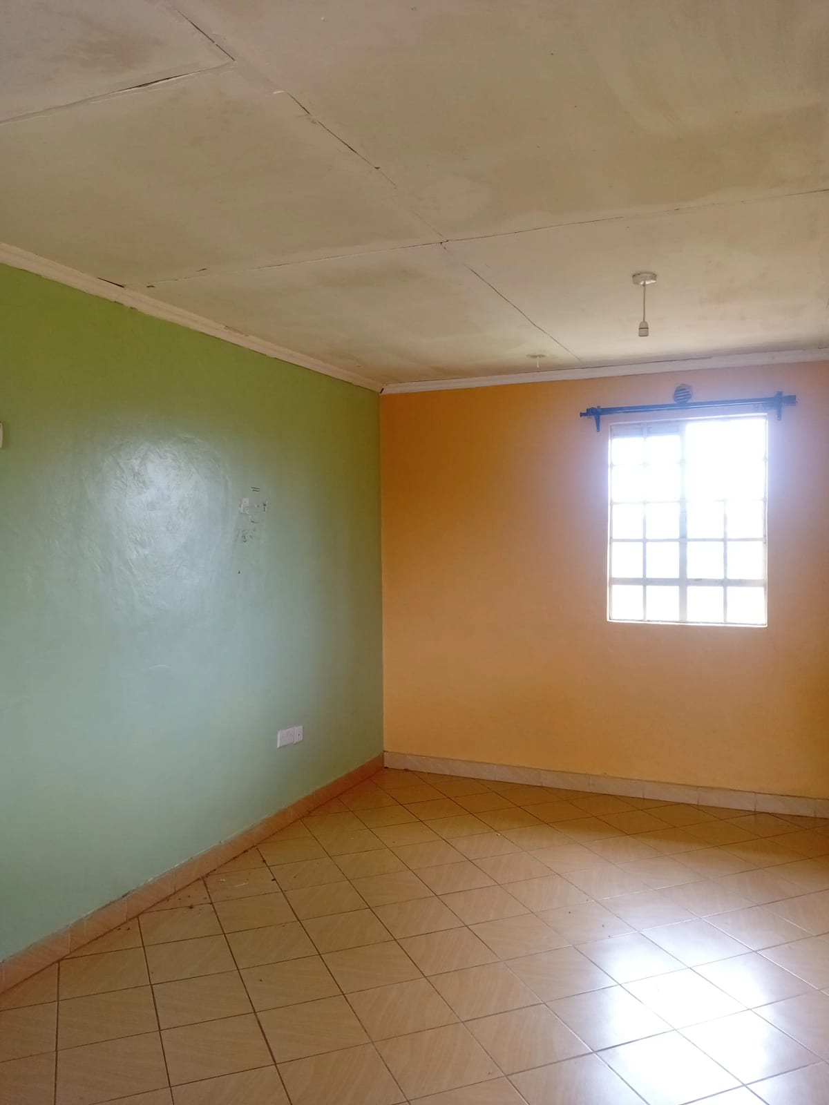 Empty room with terracotta tile floor and colorful walls