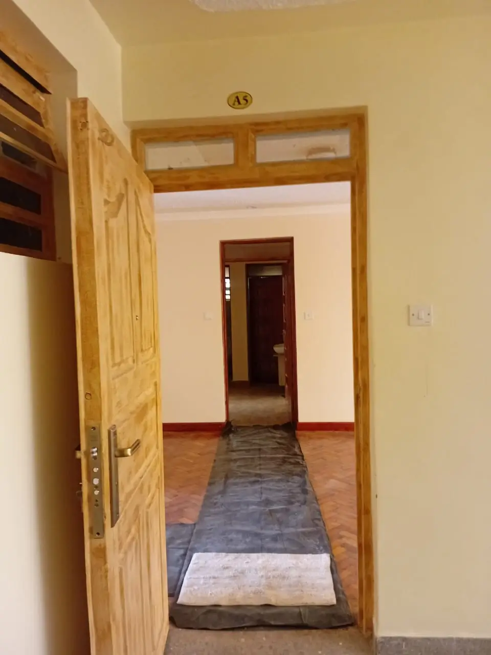Bright corridor with wooden door and terracotta flooring