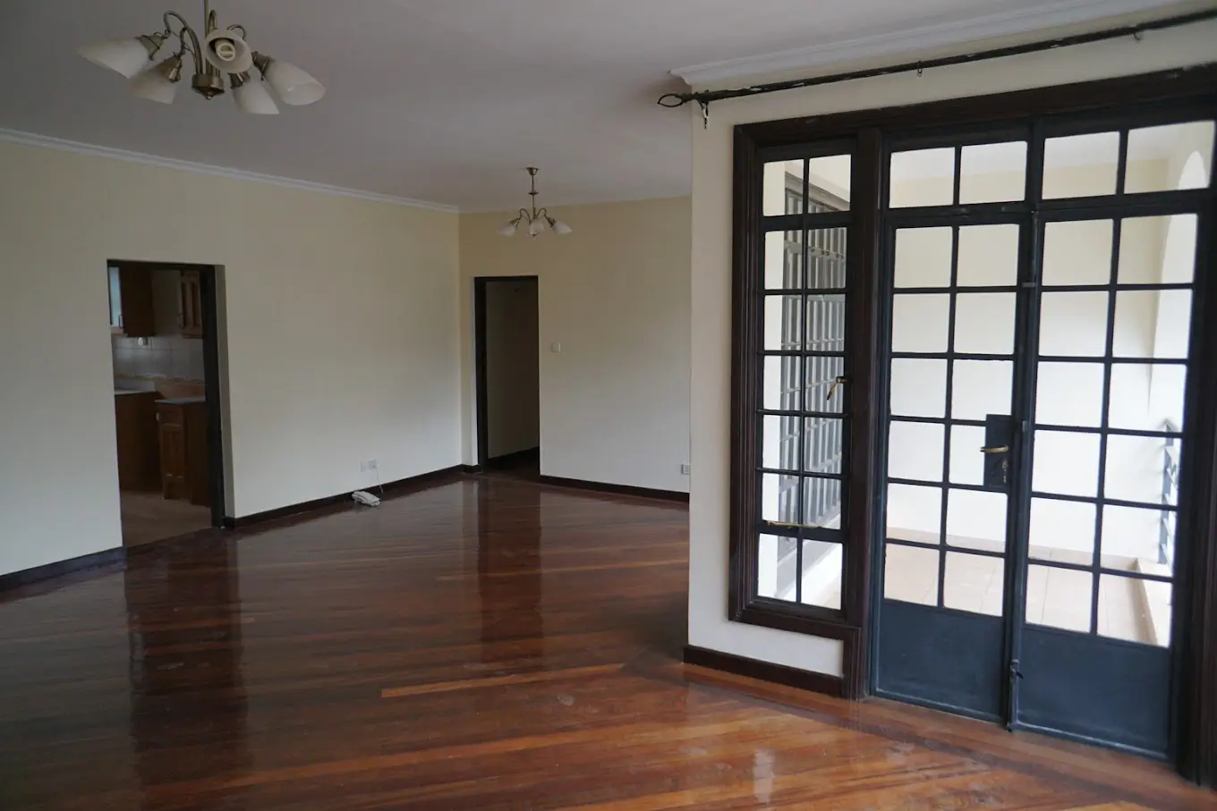 Spacious living room with dark wood floors and glass doors