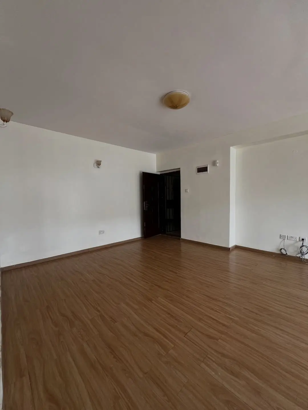 Spacious empty living room with wooden flooring and black door
