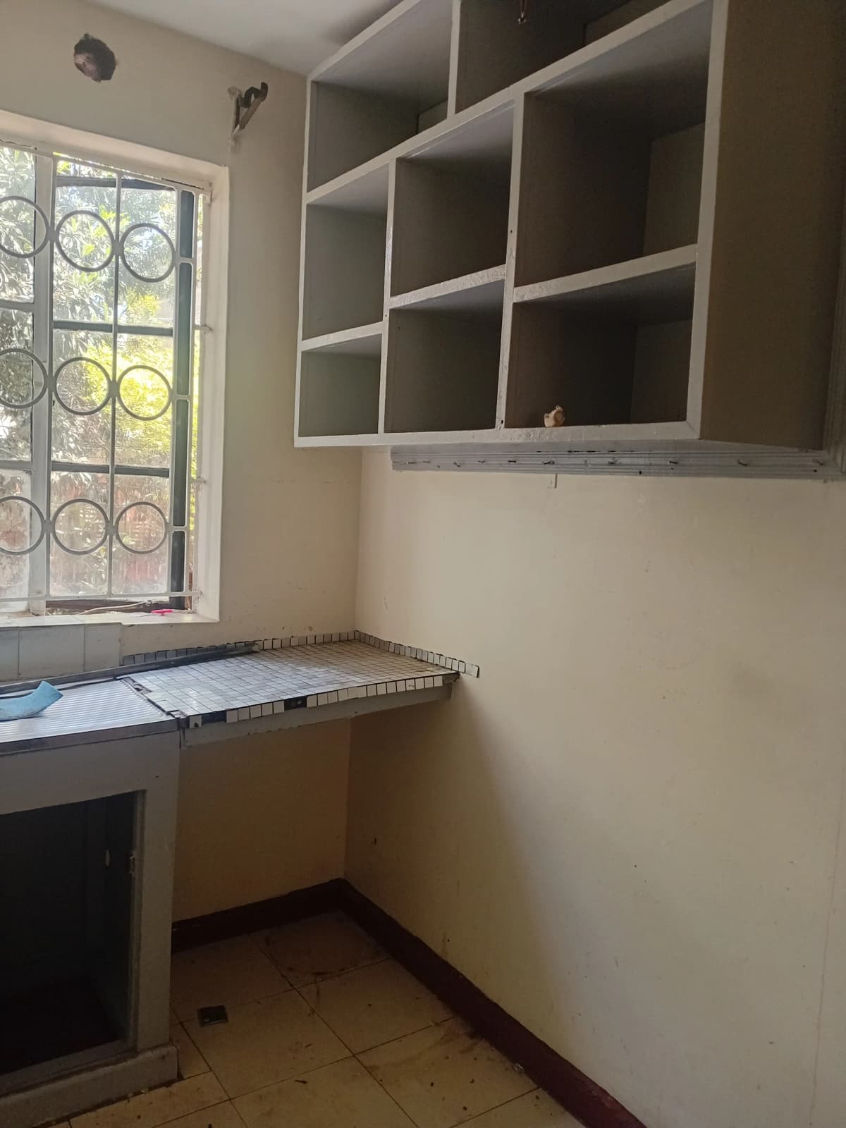Compact pantry with built-in shelving and prep counter