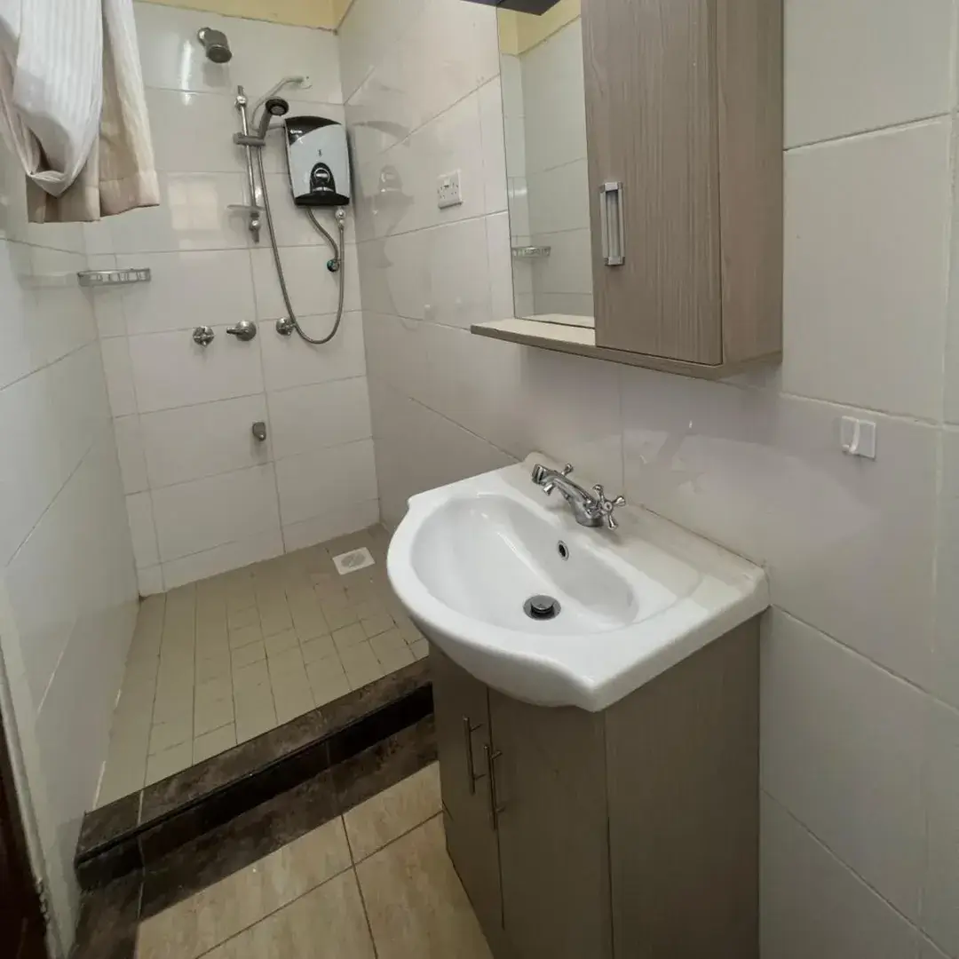 Modern bathroom with walk-in shower and pedestal sink