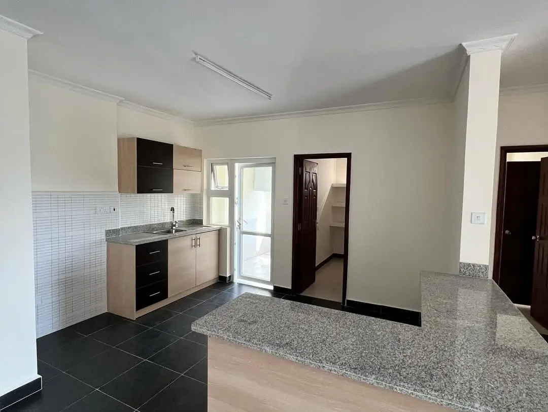 Open-plan kitchen with granite counter and black cabinetry