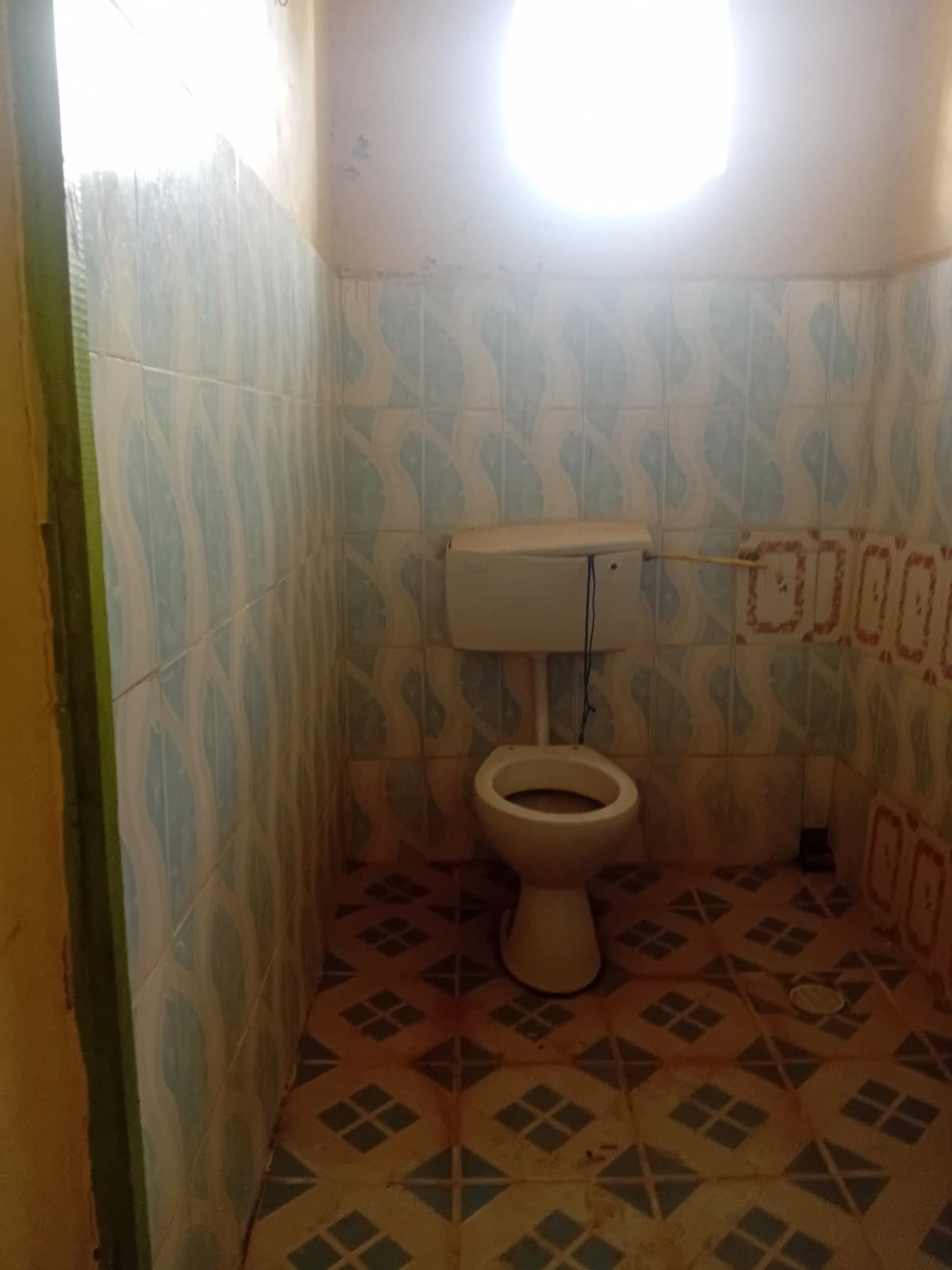 Basic bathroom with toilet and patterned tile flooring