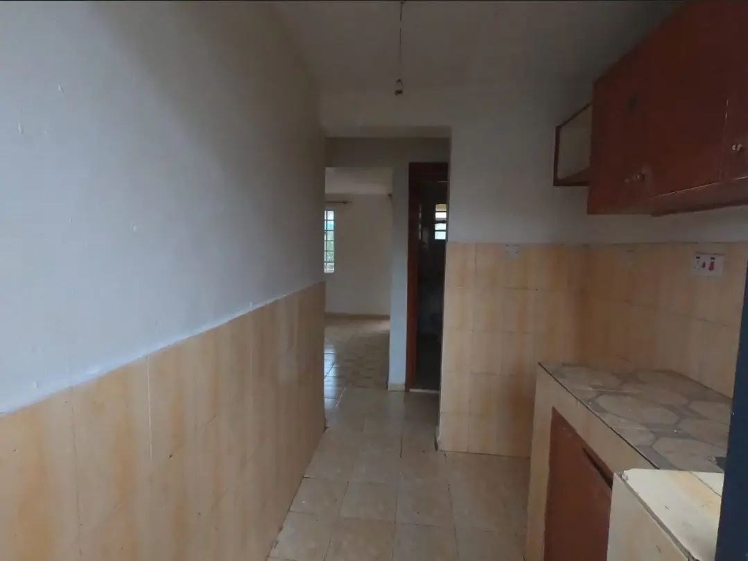 Narrow kitchen with beige tile wainscoting and countertop