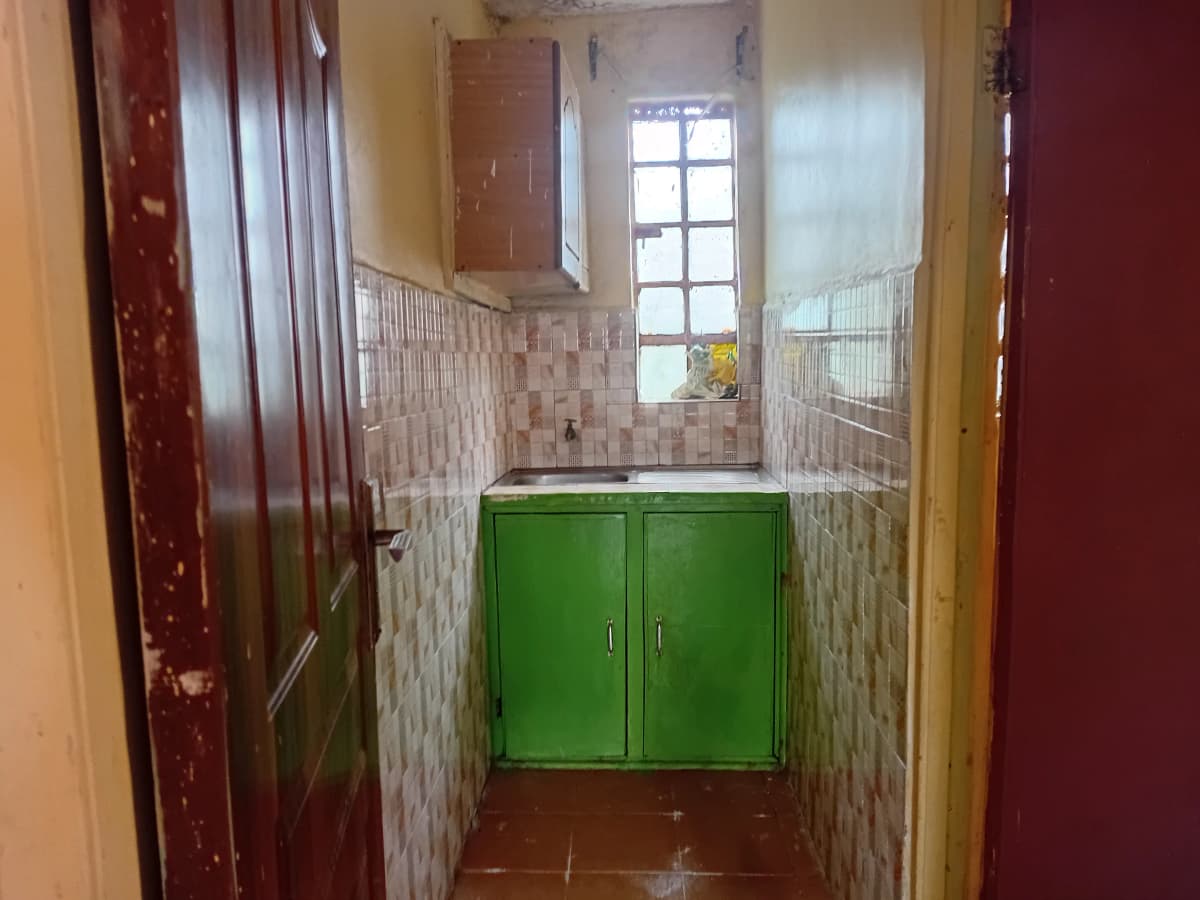 Compact kitchen with bright green cabinetry and tile backsplash