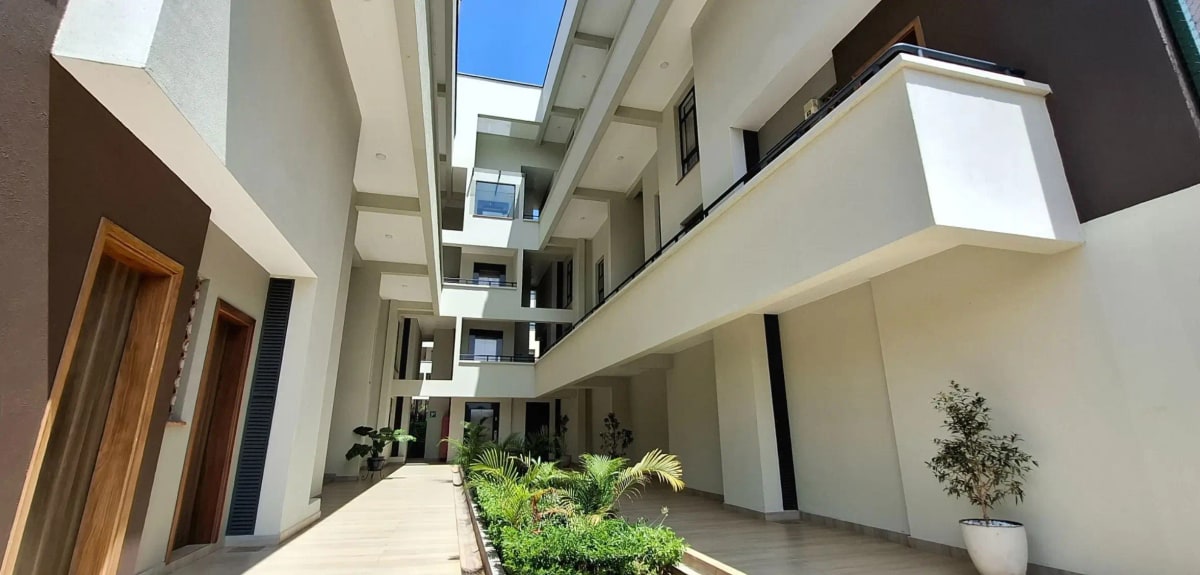 Modern building corridor with natural light and potted plants