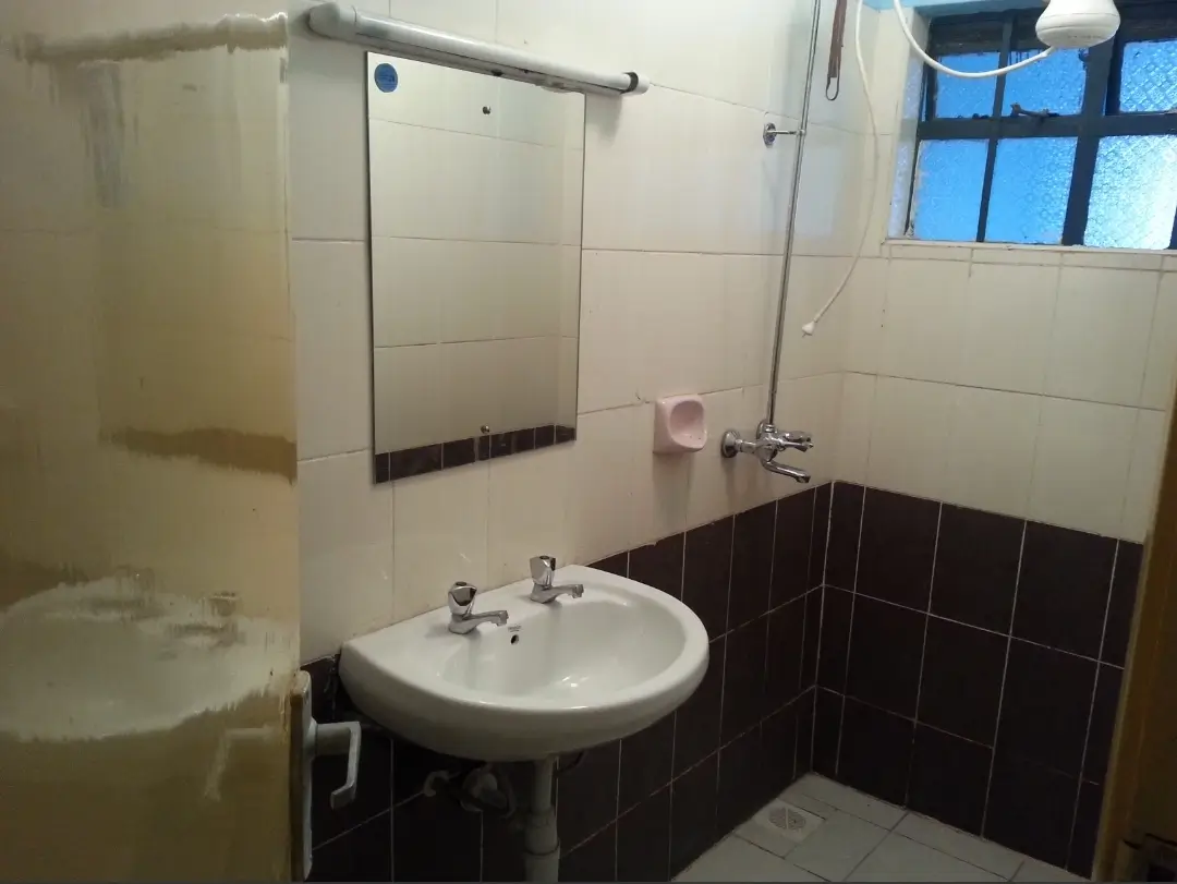 Simple bathroom with sink, toilet, and shower enclosure