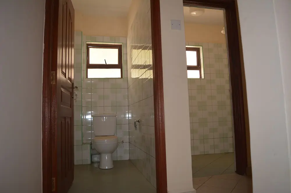 Simple bathroom with tiled walls and toilet, natural light from windows