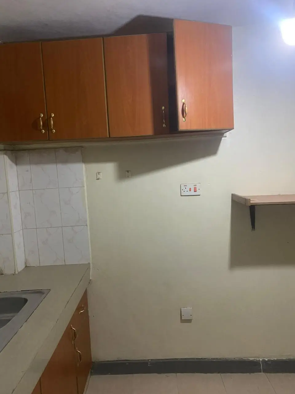Compact kitchen with wooden cabinets and basic countertop