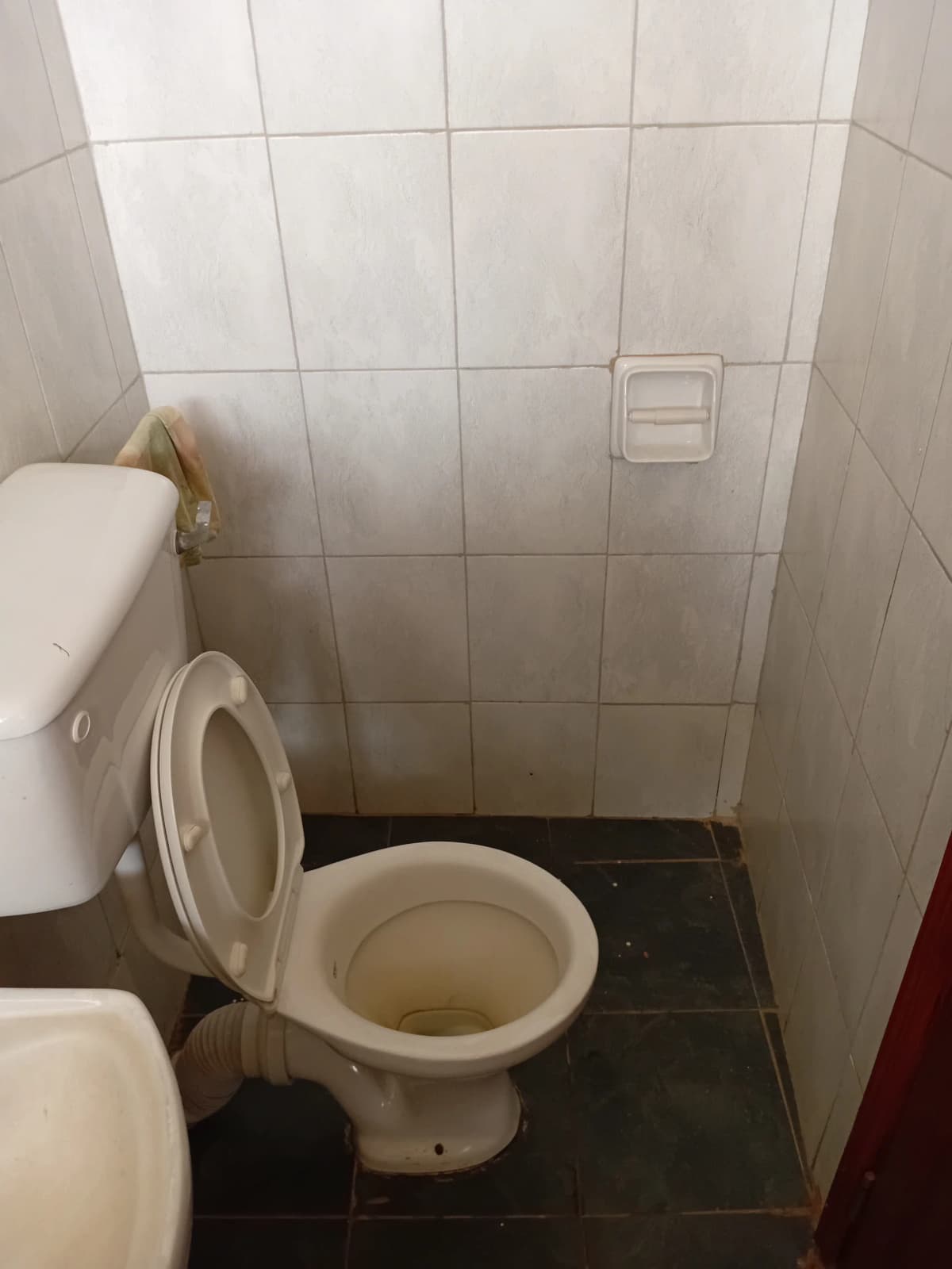 Simple bathroom with toilet and black floor tiles