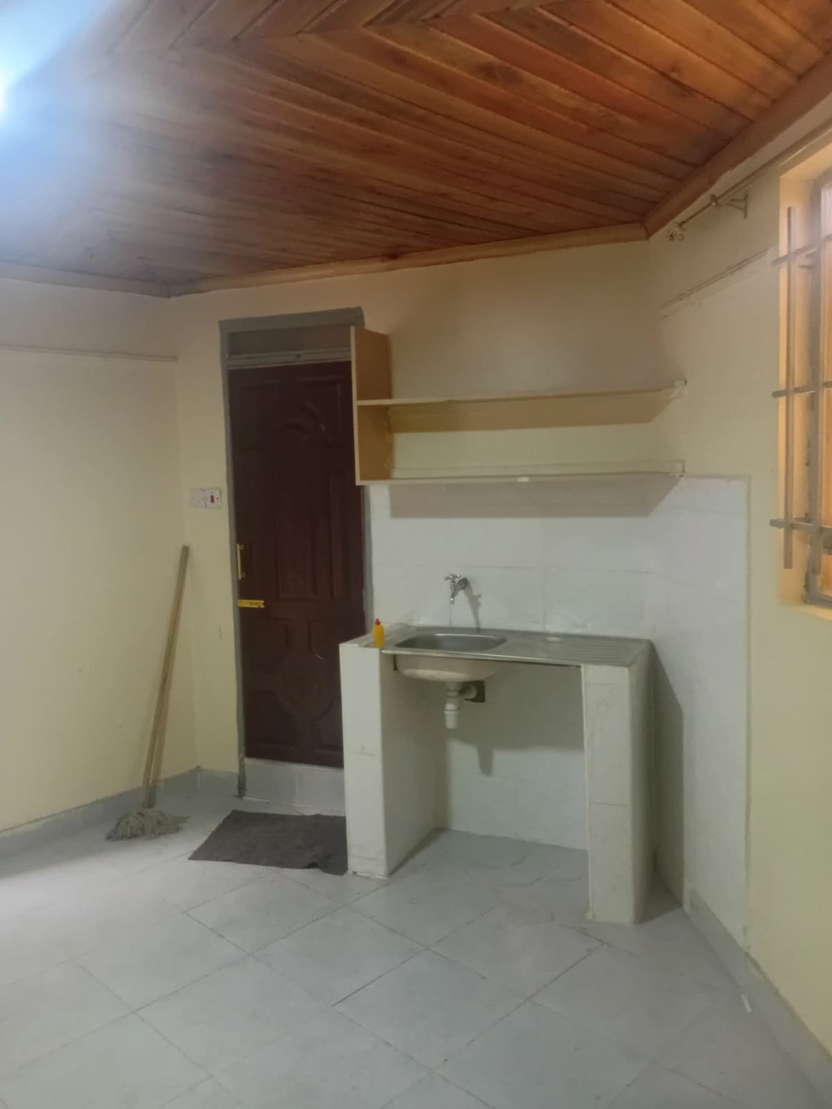 Minimal kitchen with basic sink and open shelving, unfinished