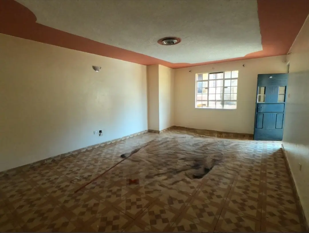 Spacious living room with terracotta ceiling trim and natural light