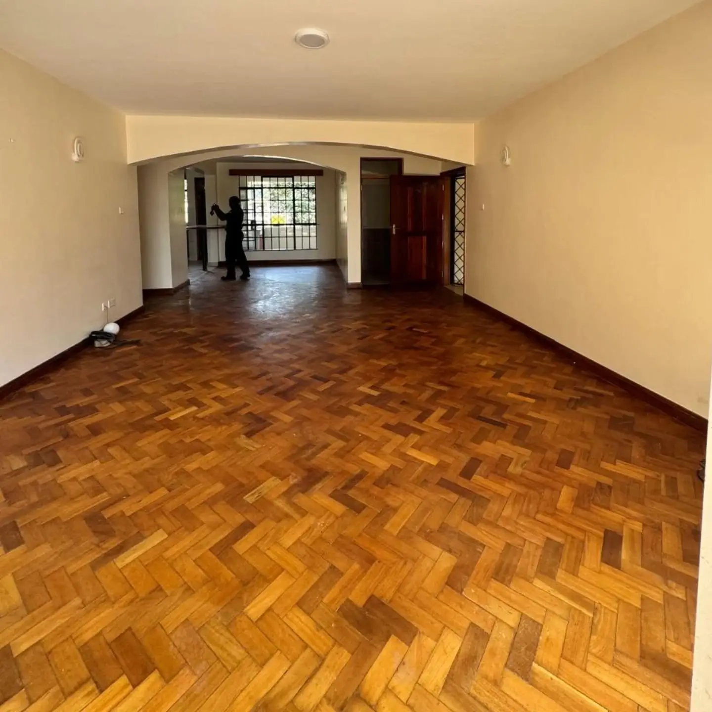 Spacious living room with herringbone parquet flooring and archway