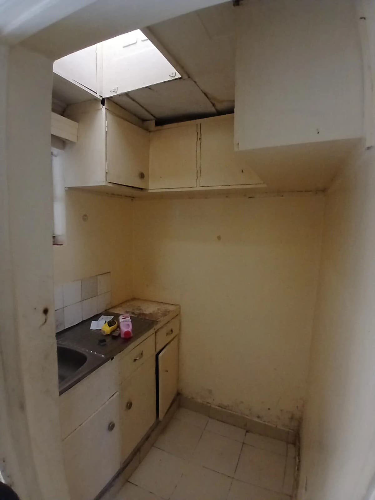 Compact galley kitchen with basic cabinetry and skylight