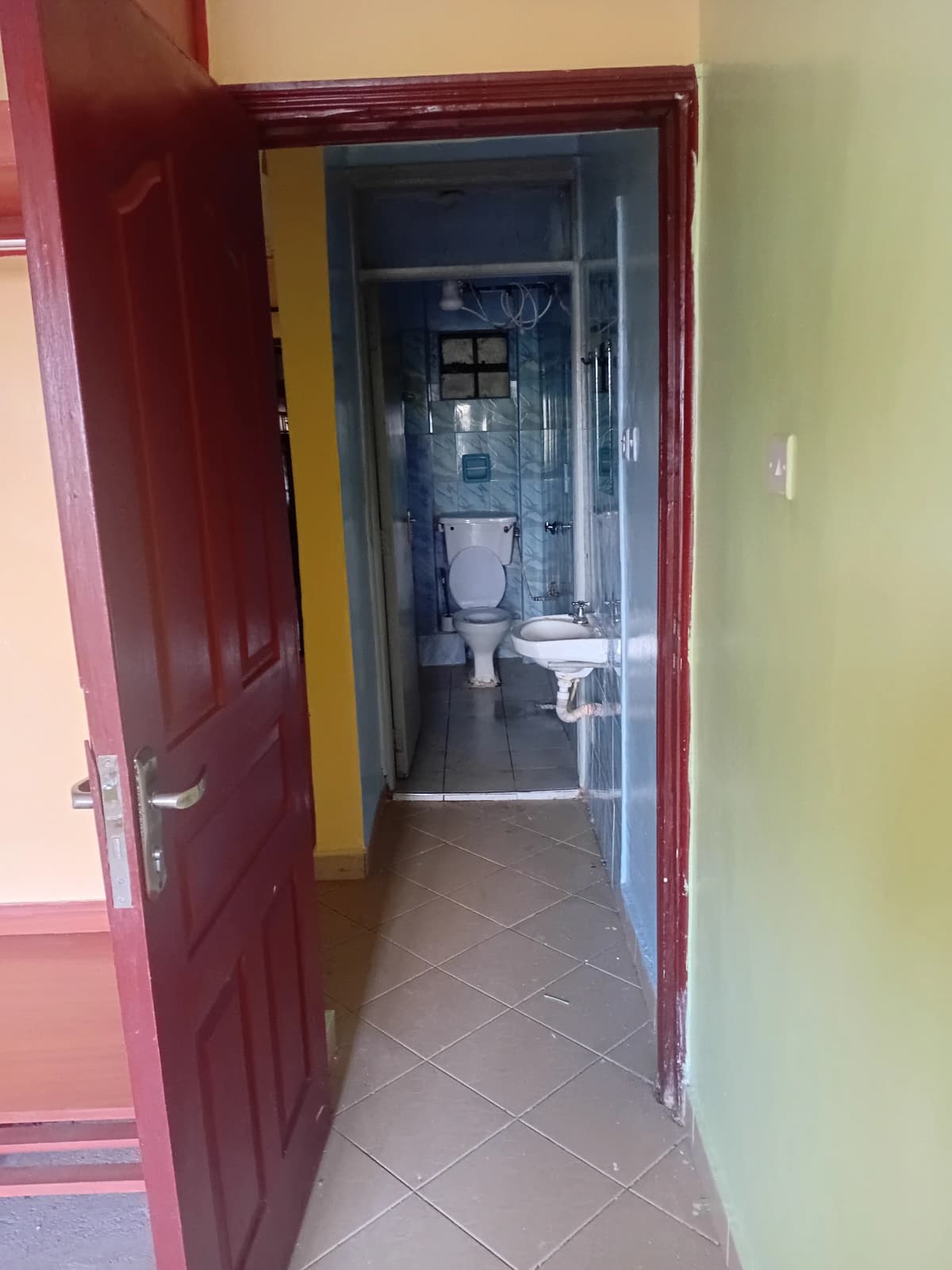 Compact bathroom with toilet and sink, narrow entry