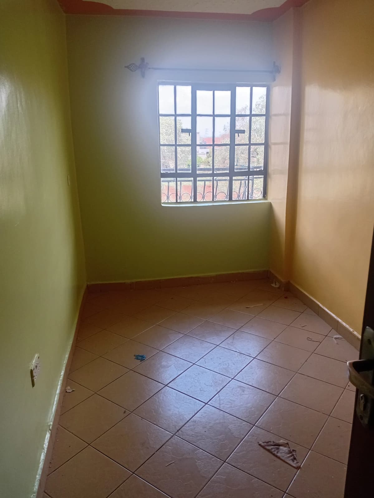 Unfurnished bedroom with terracotta tile floor, green walls
