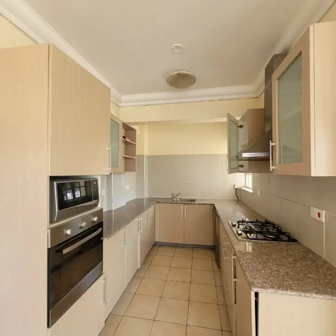 Modern galley kitchen with granite counters and built-in appliances