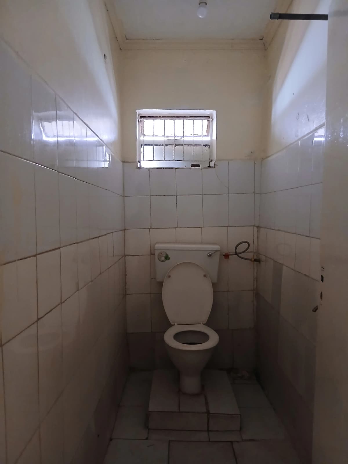 Simple toilet cubicle with white tile walls and window
