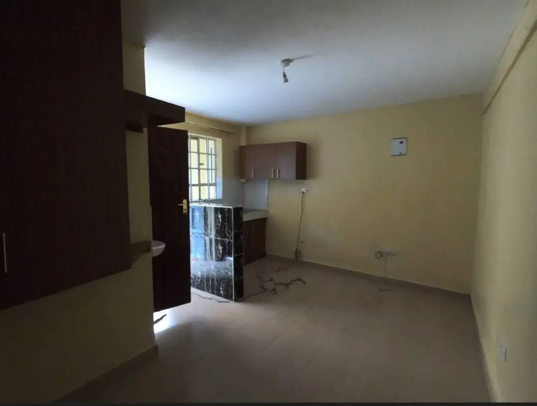 Open-plan living area with kitchenette and yellow walls