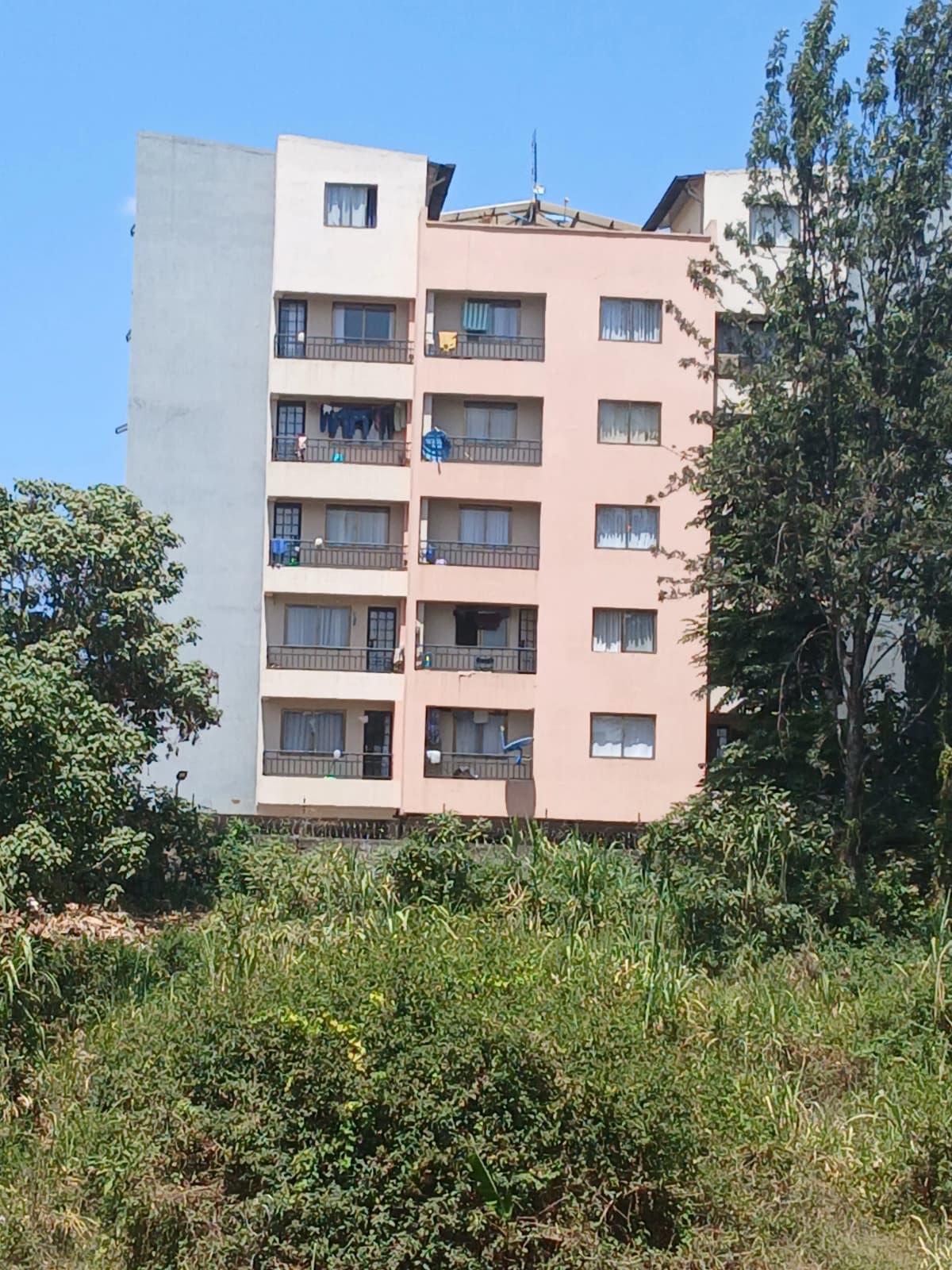 Multi-story residential building with balconies and surrounding vegetation