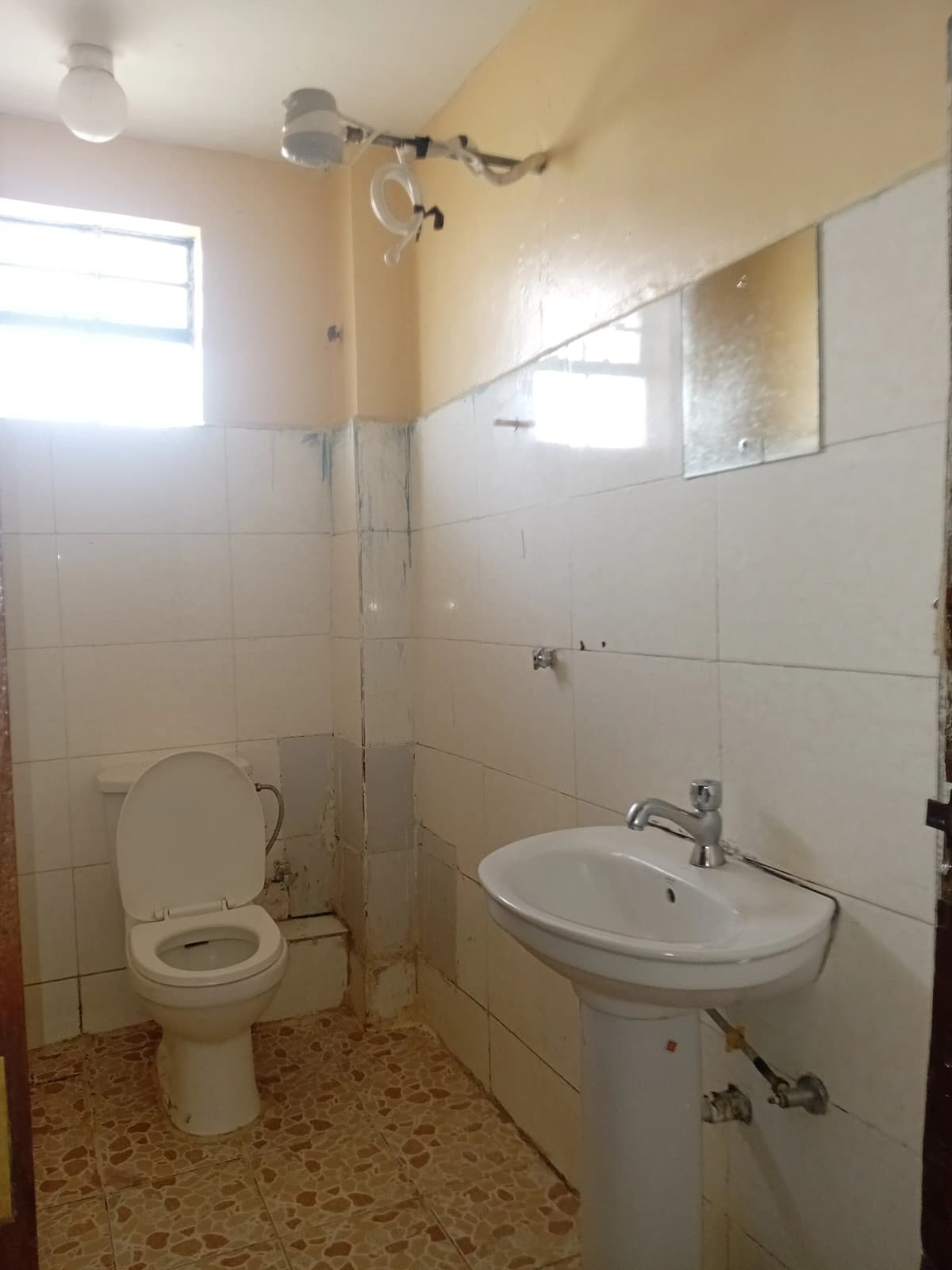 Compact bathroom with toilet, pedestal sink, and shower enclosure