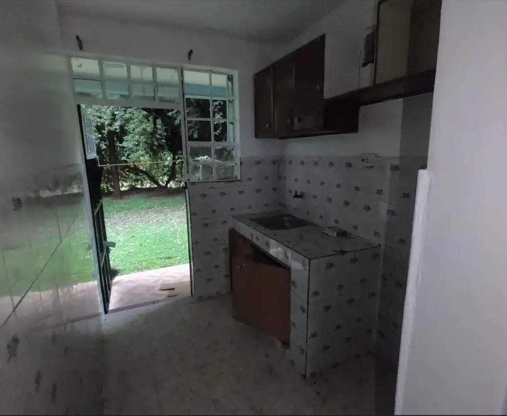 Compact kitchen with dark cabinetry, garden view through open door