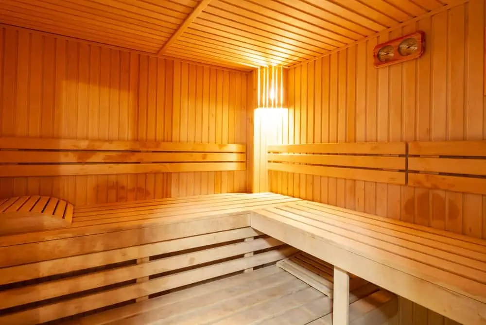 Traditional wooden sauna room with tiered bench seating