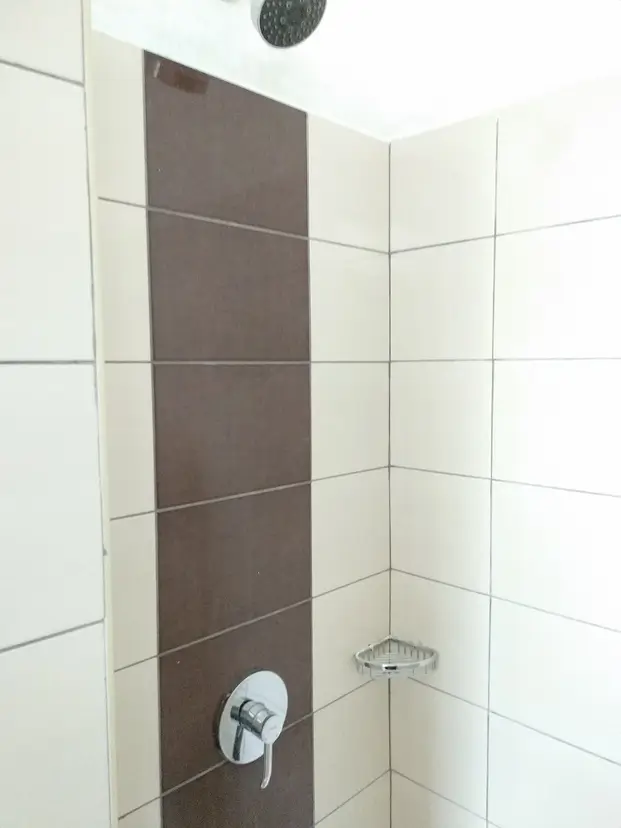 Modern shower enclosure with tiled walls and chrome fixtures