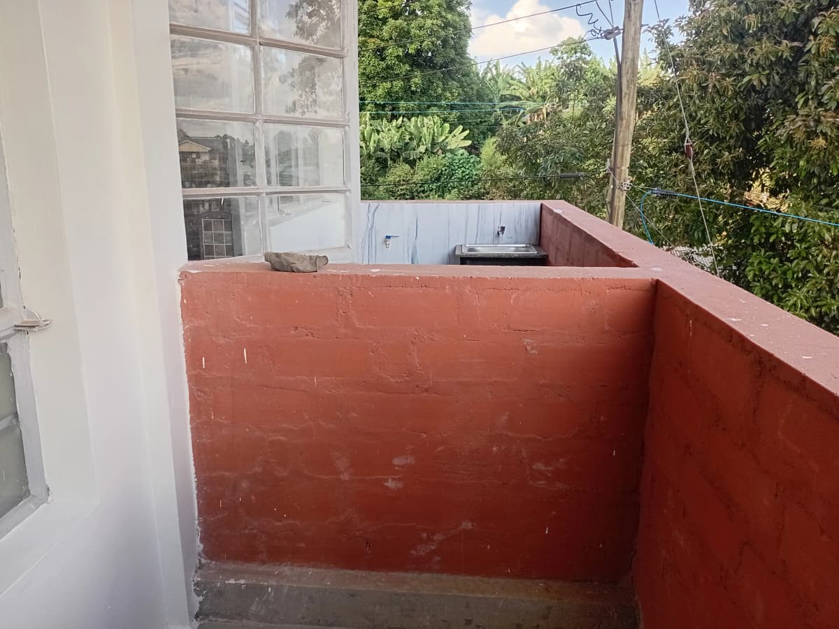 Red-walled balcony with garden views and utility storage