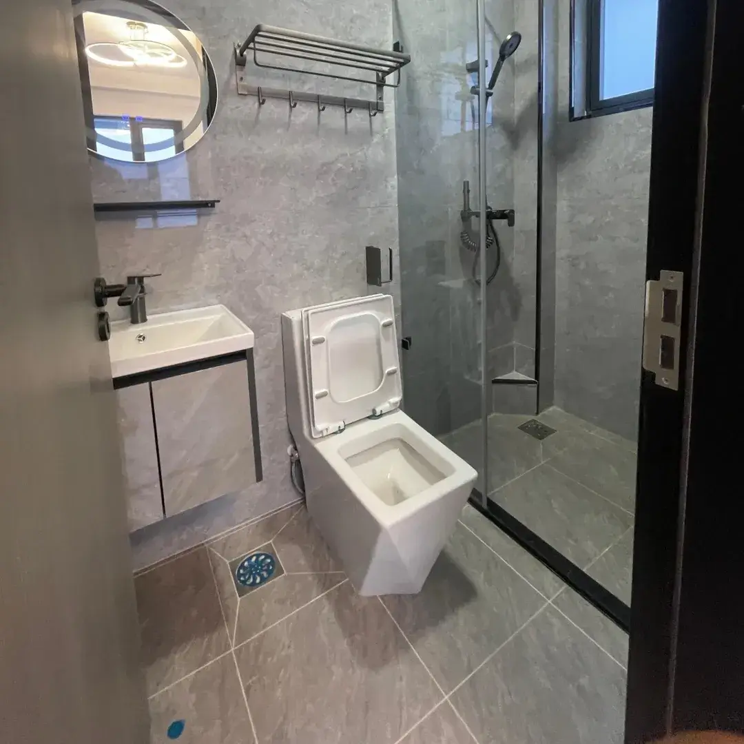 Modern bathroom with toilet, sink, glass shower enclosure