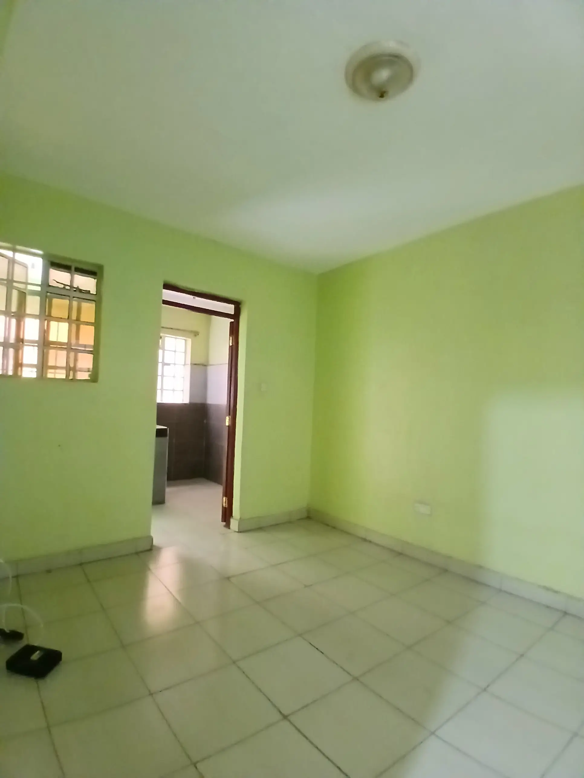 Bright green-walled bedroom with tiled flooring and natural light