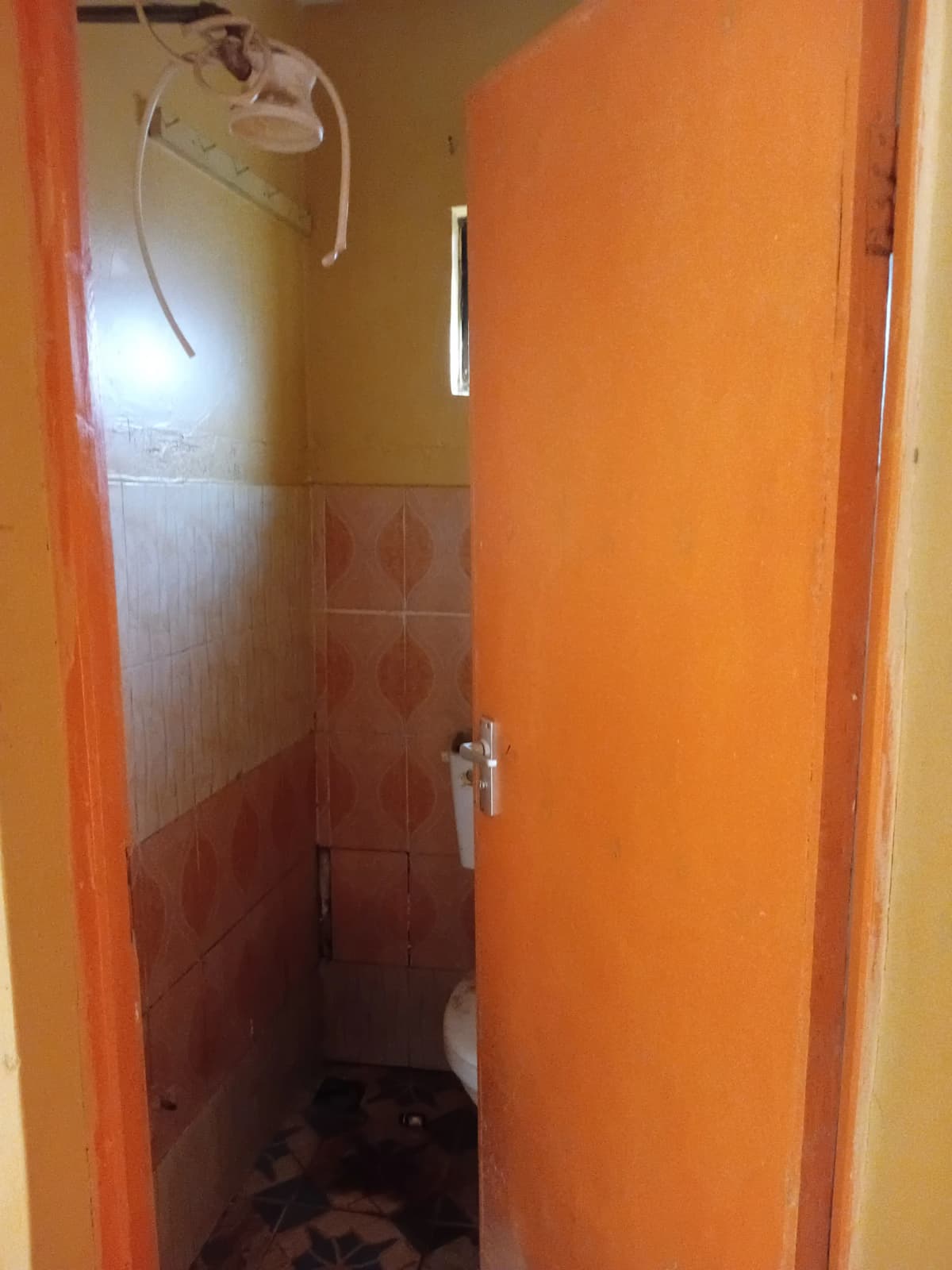 Compact bathroom with orange walls and tiled shower area