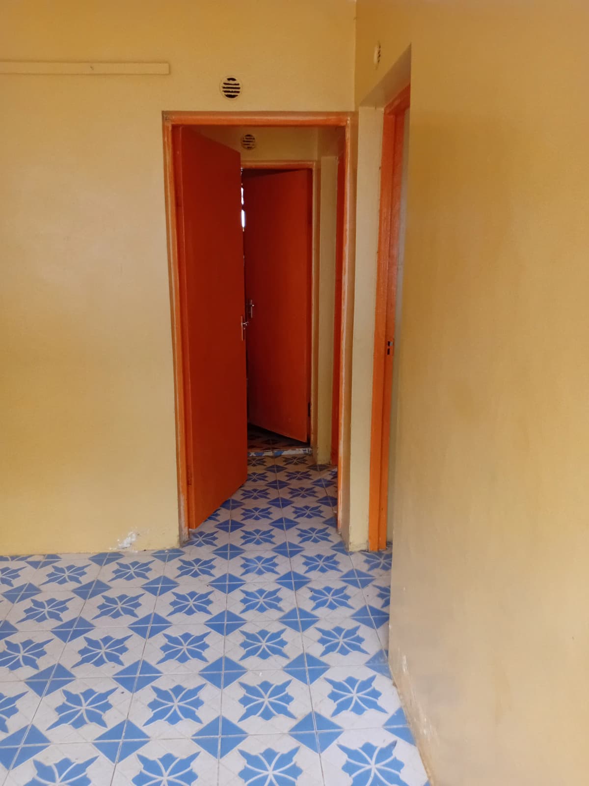 Building corridor with blue patterned tiles and red doors