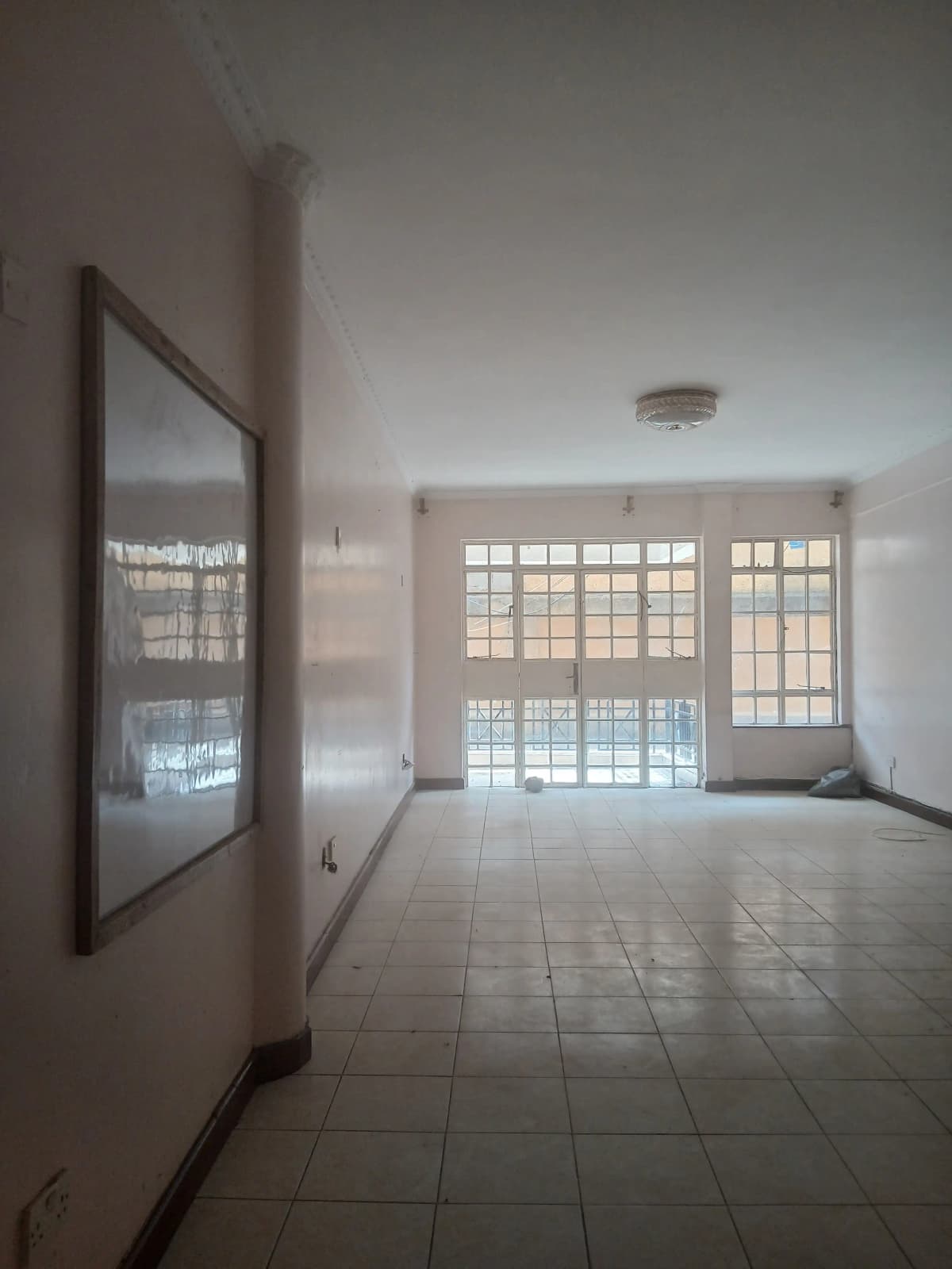 Spacious empty living room with large gridded windows and natural light